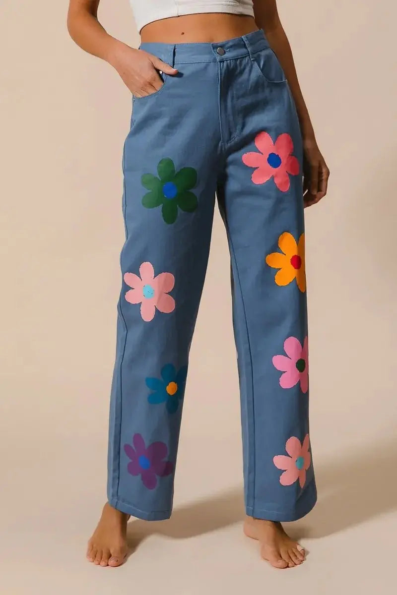BiBi Flower Print Straight Legs Pants for Chic Style - Love Salve
